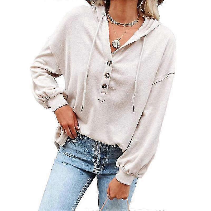 Women Button Up Hooded Sweatshirt Casual Long Sleeve Pullover Hoodies Drawstring V Neck Blouses