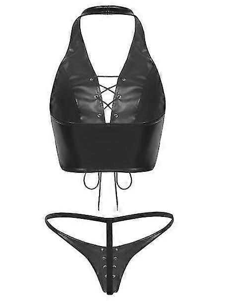 女性 フェイクレザーレースアップセクシービキニランジェリーセットホルタータンククロップトップミニGストリングトーン下着ポールダンスコスチューム