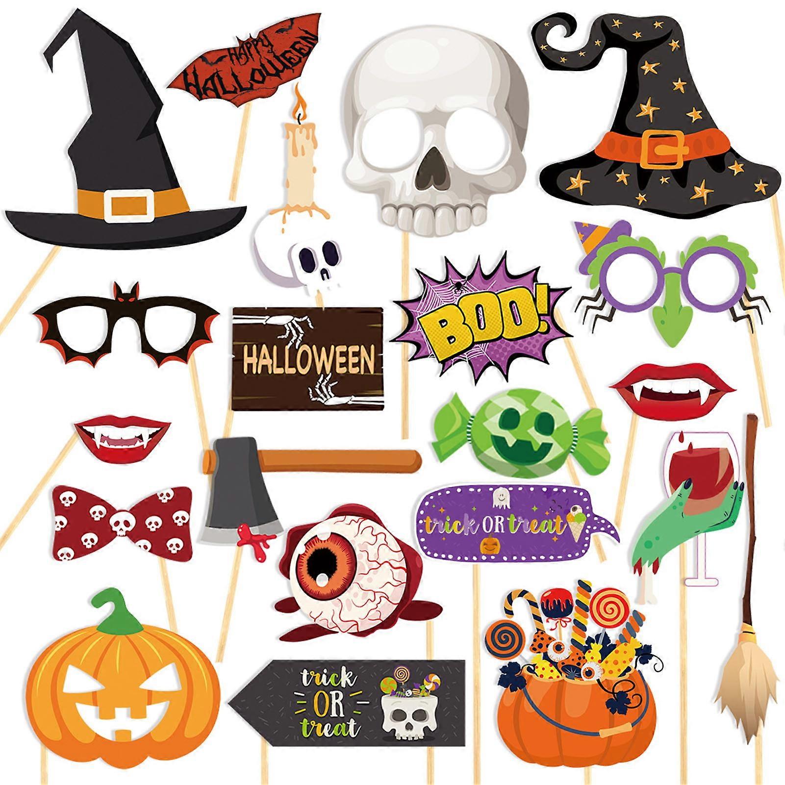 20 Pcs Halloween Handheld Prop Party Photo Prop Spooky Creepy Different Shapes Fangs Skull Witch Hat Card With Sticks