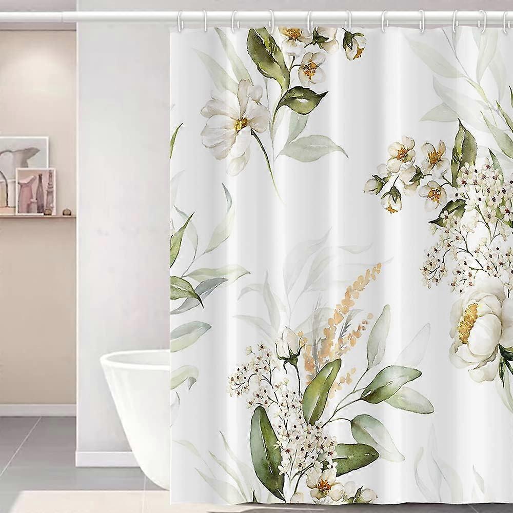 バスルーム用白い牡丹の花のシャワーカーテン植物緑の葉部屋パーティションRV屋台の家の装飾防水生地シャワーカーテンウィット