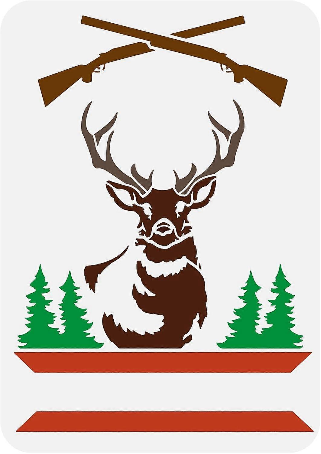 Deer Hunting Frame Stencil for Painting 8.3x11.7inch Large Deer Head Drawing Template Reusable Gun Hunting Painting Stencil Trees Plant Template Anima