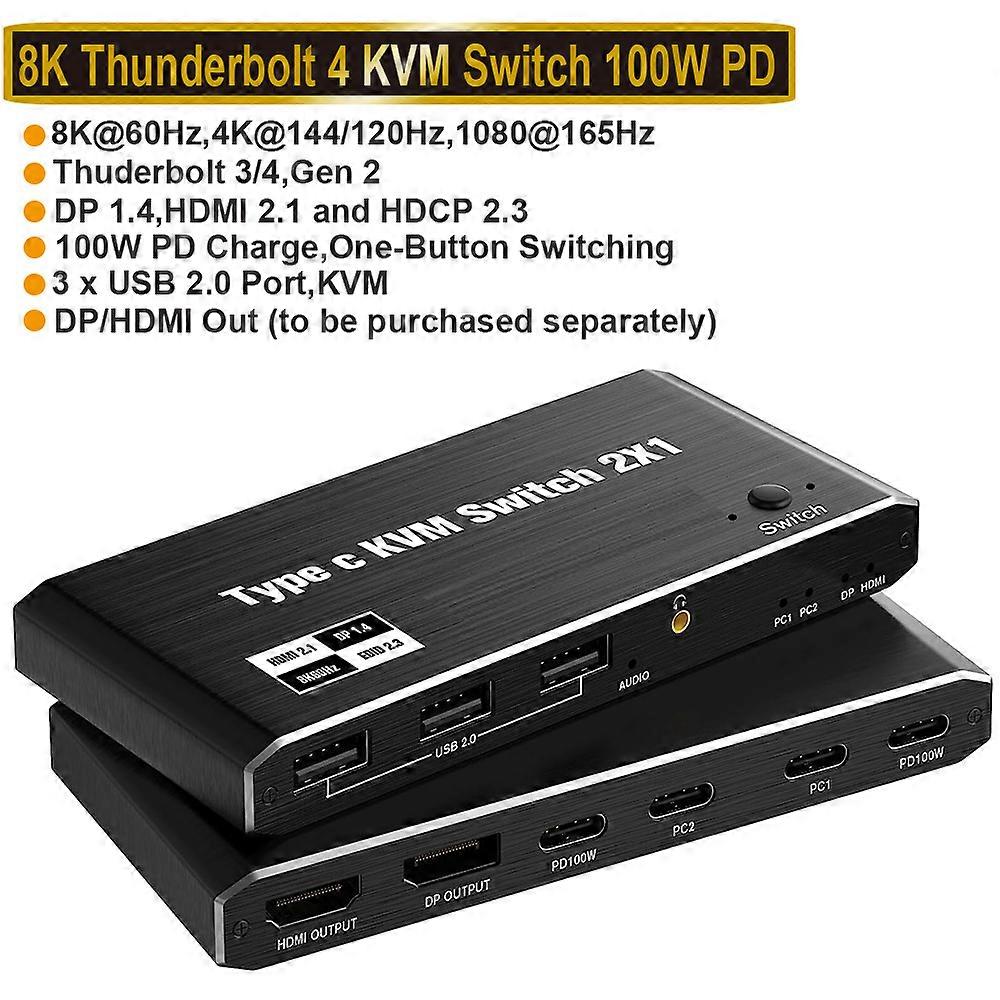 2x1 8K Thunderbolt 4 USB C KVM Switch 100W PD Charge 4K 144Hz Type C KVM Switch Switcher for 2 Laptop Macbook 1 Monitor