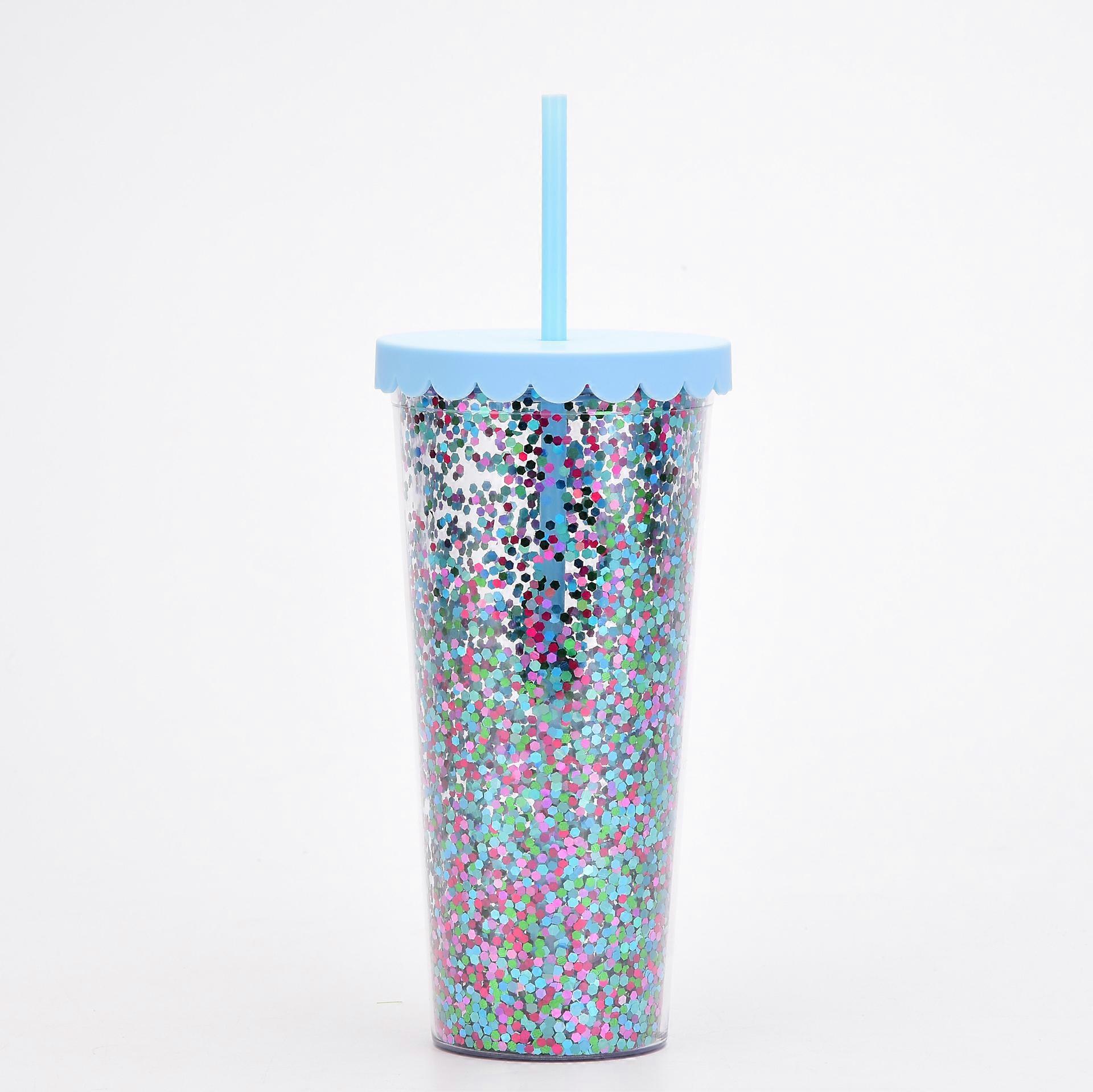 2022 new double-layer plastic cup simple transparent sequin glitter straw cup large-capacity summer water cup