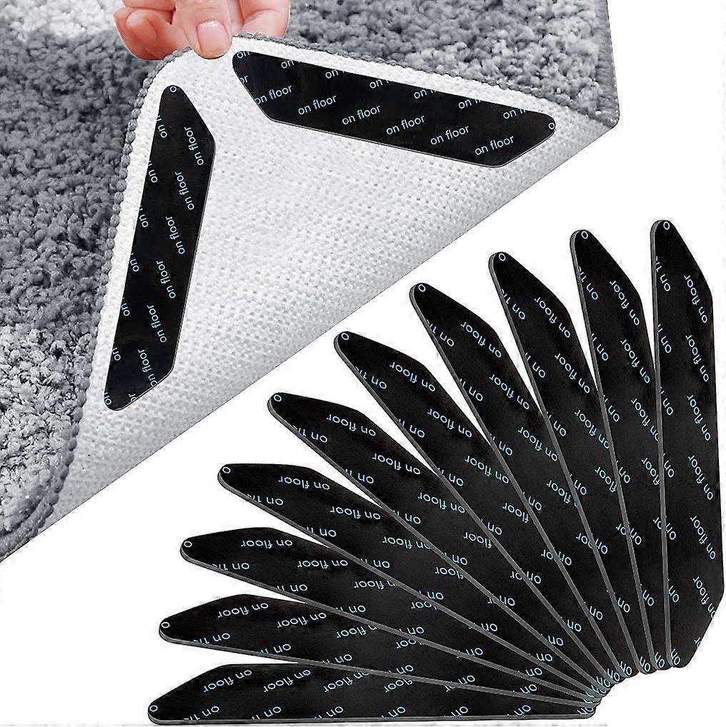 10 piece set of anti slip Rug Stippers (trapezoidal 130x25x2mm), reusable carpet corner clips, strong Rug Pads for wooden and hard floors, anti curlin