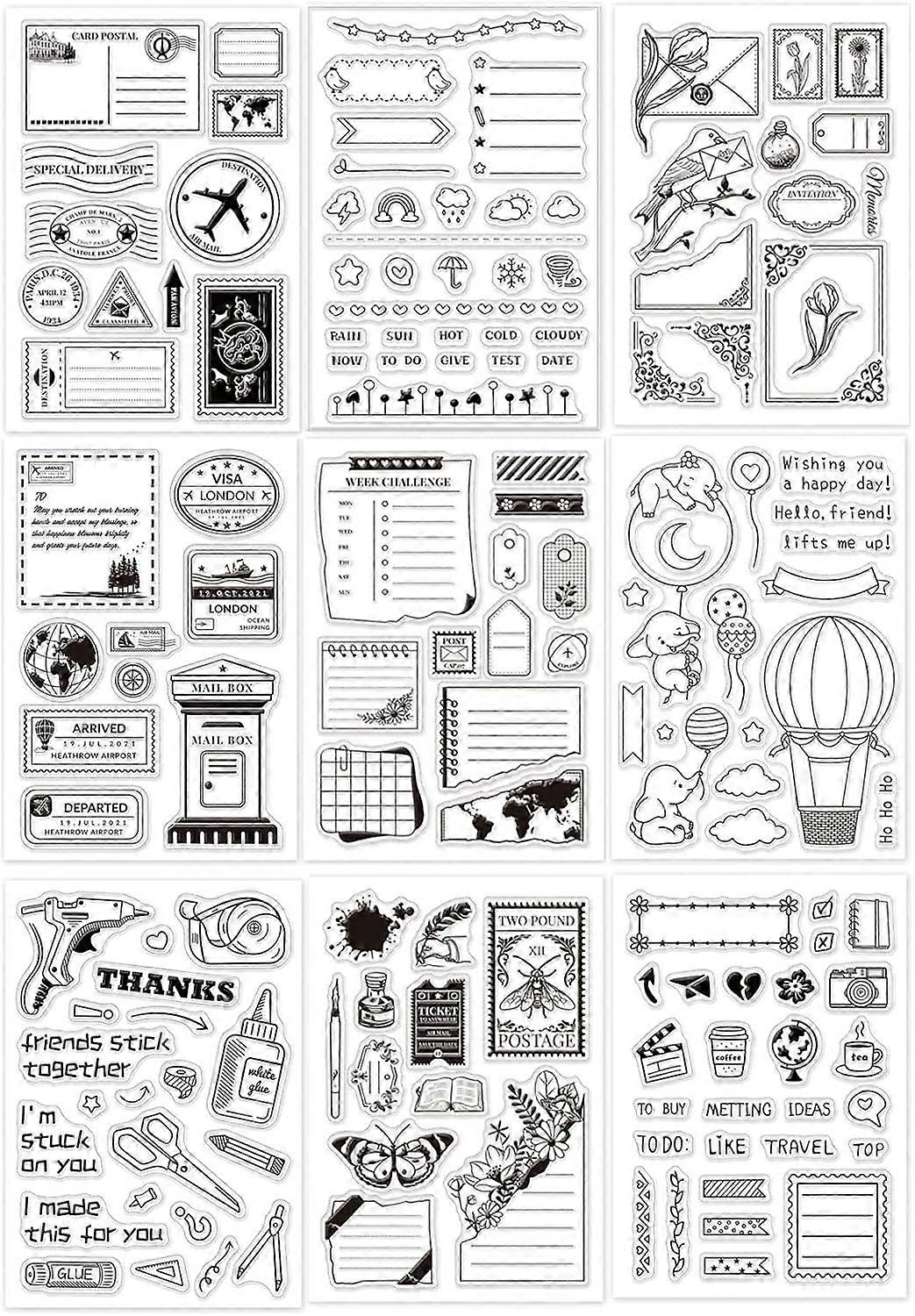 9 Sheets Mixed Theme Silicone Clear Stamps Seal for Card Making Decor and DIY Scrapbooking(Stamp Calendar Flower Corner Envelope Notebook Animal Butte