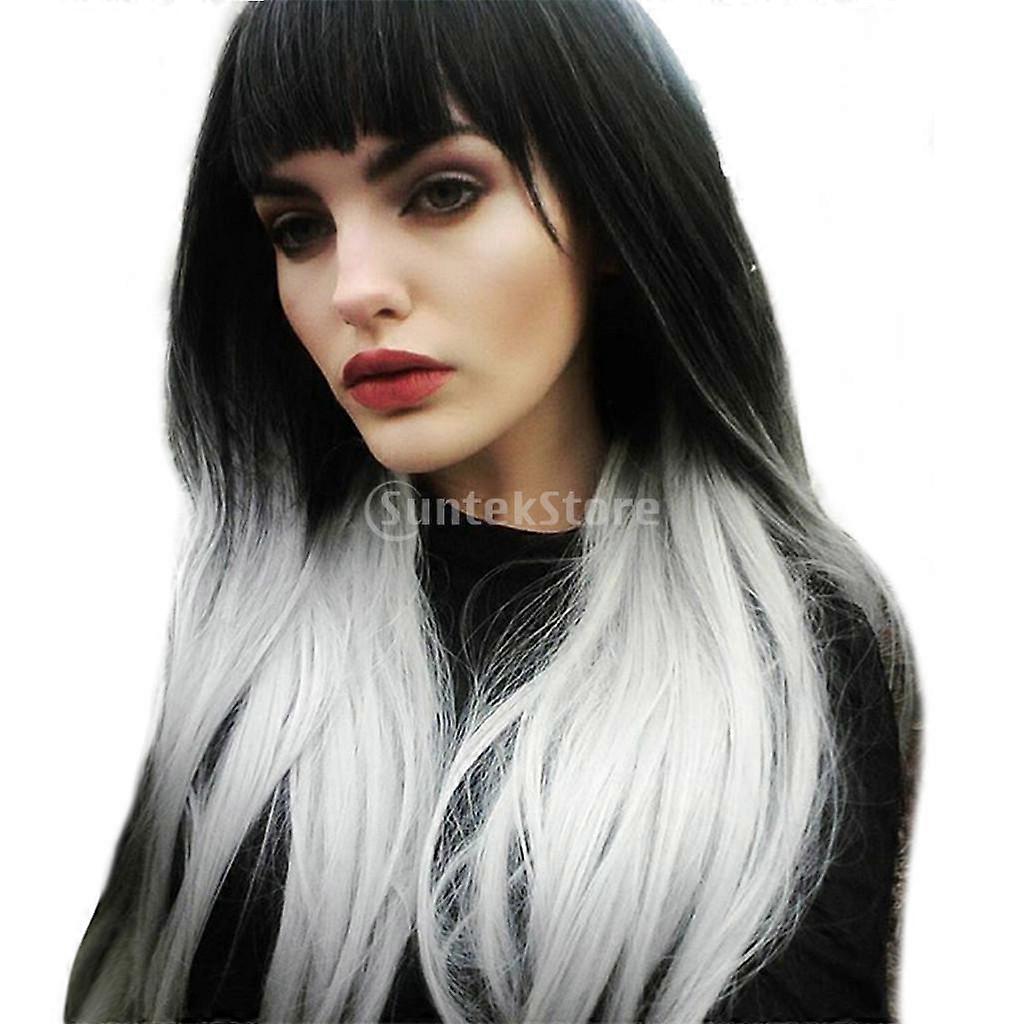 Cosplay Ombre Color Wig Long Straight Flat Bang Synthetic Wigs 26''+ Net Cap