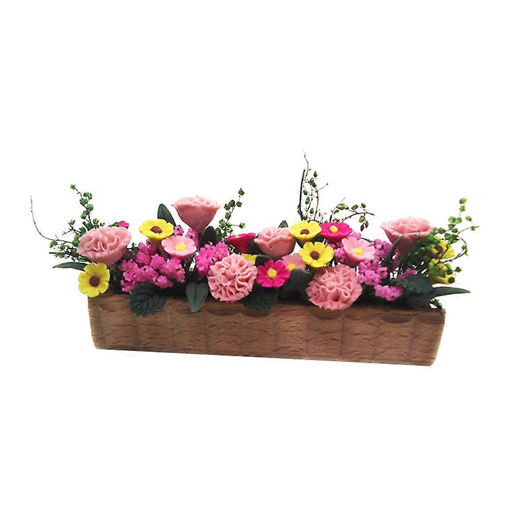 Realistic Miniature Long Wooden Flower Pot Model Beautiful Small House Accessory