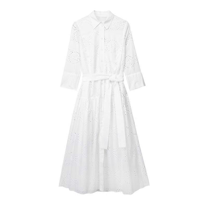 Dress Women Summer New Cotton Fashion Embroidery Lace Slim Belt Decoration Holiday  Dress Chic Street Elegant Party Dresses