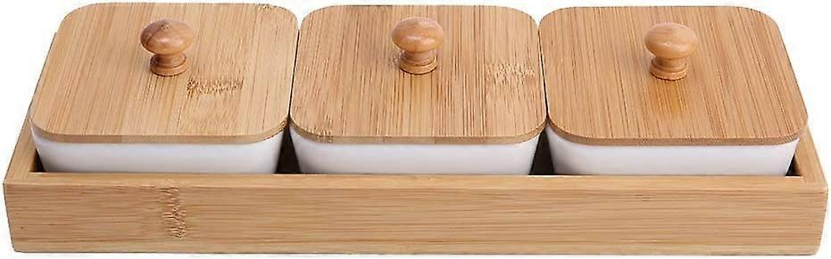 Ceramic serving plate with bamboo tray for fruits and nuts Desserts ((3 compartments))