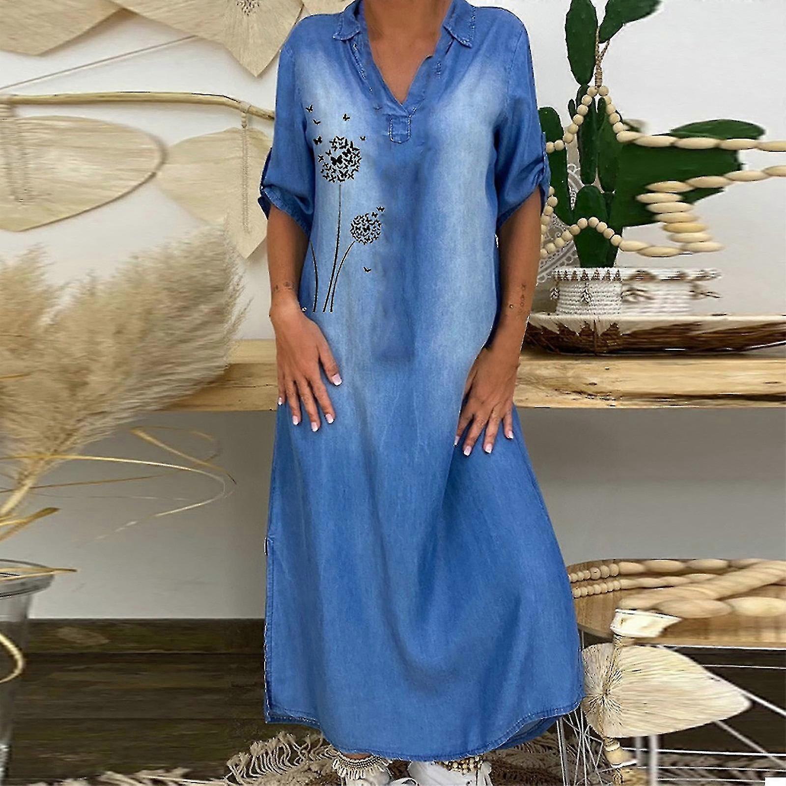 Women Casual Split Fork Maxi V-neck 3/4 Length Sleeve