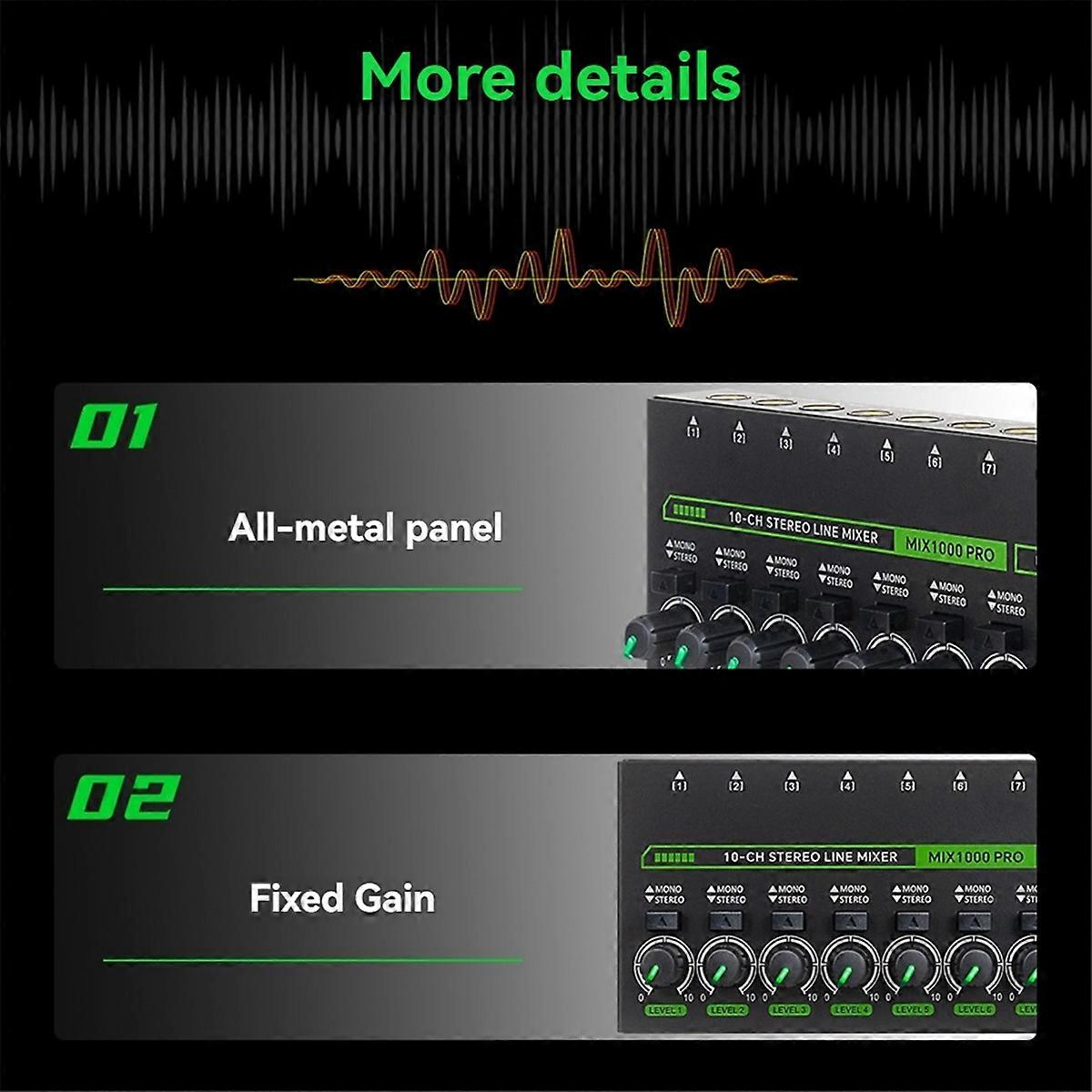Professional Audio Mixer 10 Channel Stereo Mixer with RGB Light & Ultra Low Noise DC5V Easy Operati