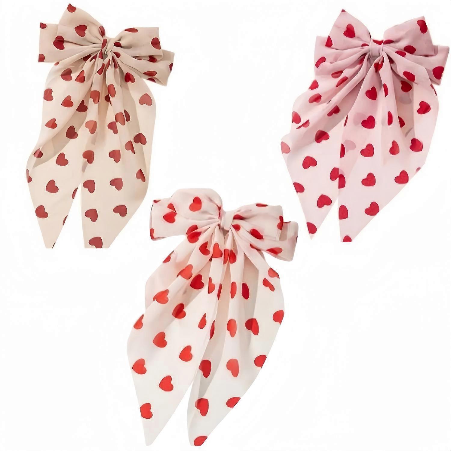 2025 Heart-Shaped Bow Ribbon Hairpin Set, Sweet Valentine's Day Accessory, 3-Piece, Fashion Hair Clips for Women