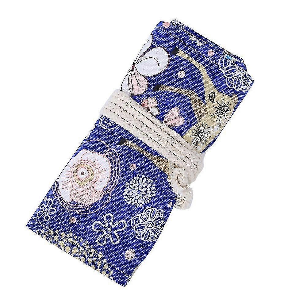 48-Hole Canvas Pencil Roll Bag with Large Capacity Storage - Blue Deer Pattern