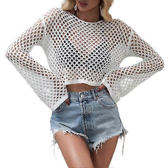 Crop Top Hollow Out Flare Sleeve O Neck See Through Beach Cover