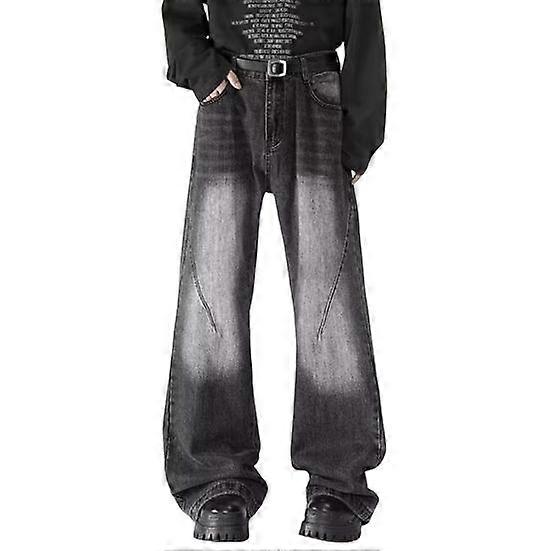 Men Jeans Retro Straight Leg Denim with Pockets Zipper Washed Button Pants Fly Gradient Color Slightly Flared Trousers