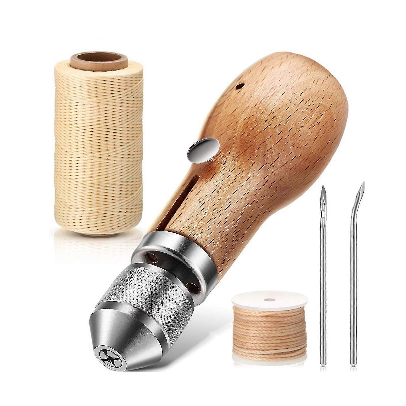 Leather Sewing Kit with 2 Needles Manual Stitcher with Wooden Handle Awl Needle Tool DIY Accessory