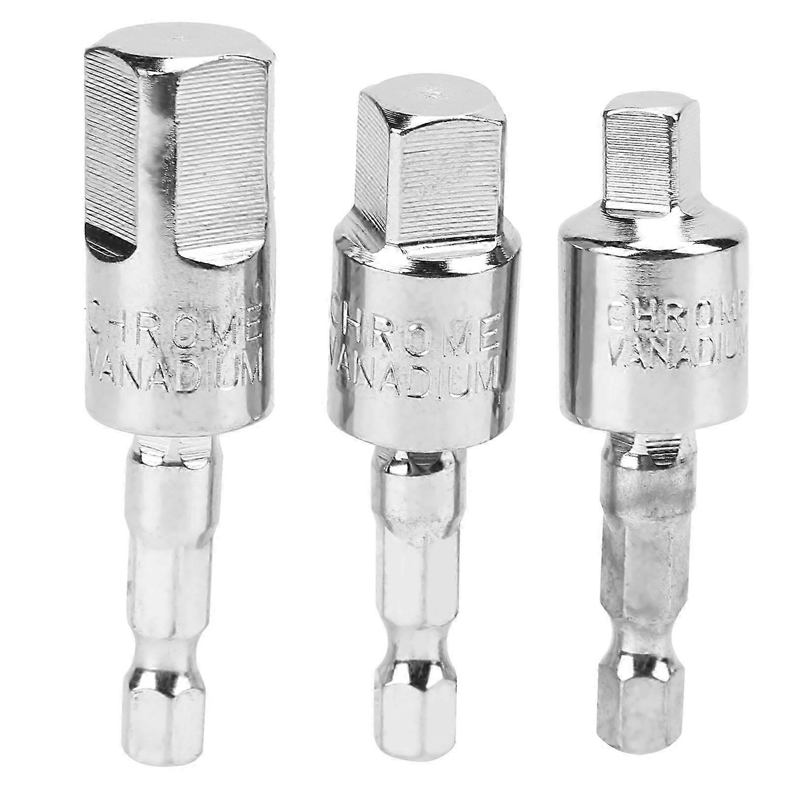 3Pcs Power Drill Socket Set Metal Hex Shank Square Adapter 360 Degree Rotatable Silver