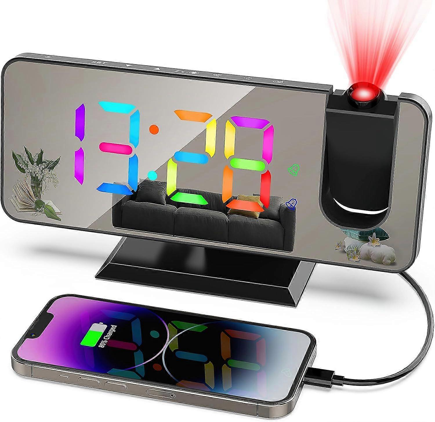 Projectiewekker Digitale klok met 180 projector, 7,4" LED RGB-kleurenspiegeldisplay, helderheidsdimmer met 5 niveaus, USB-oplader, snooze, 12/24H, Dig