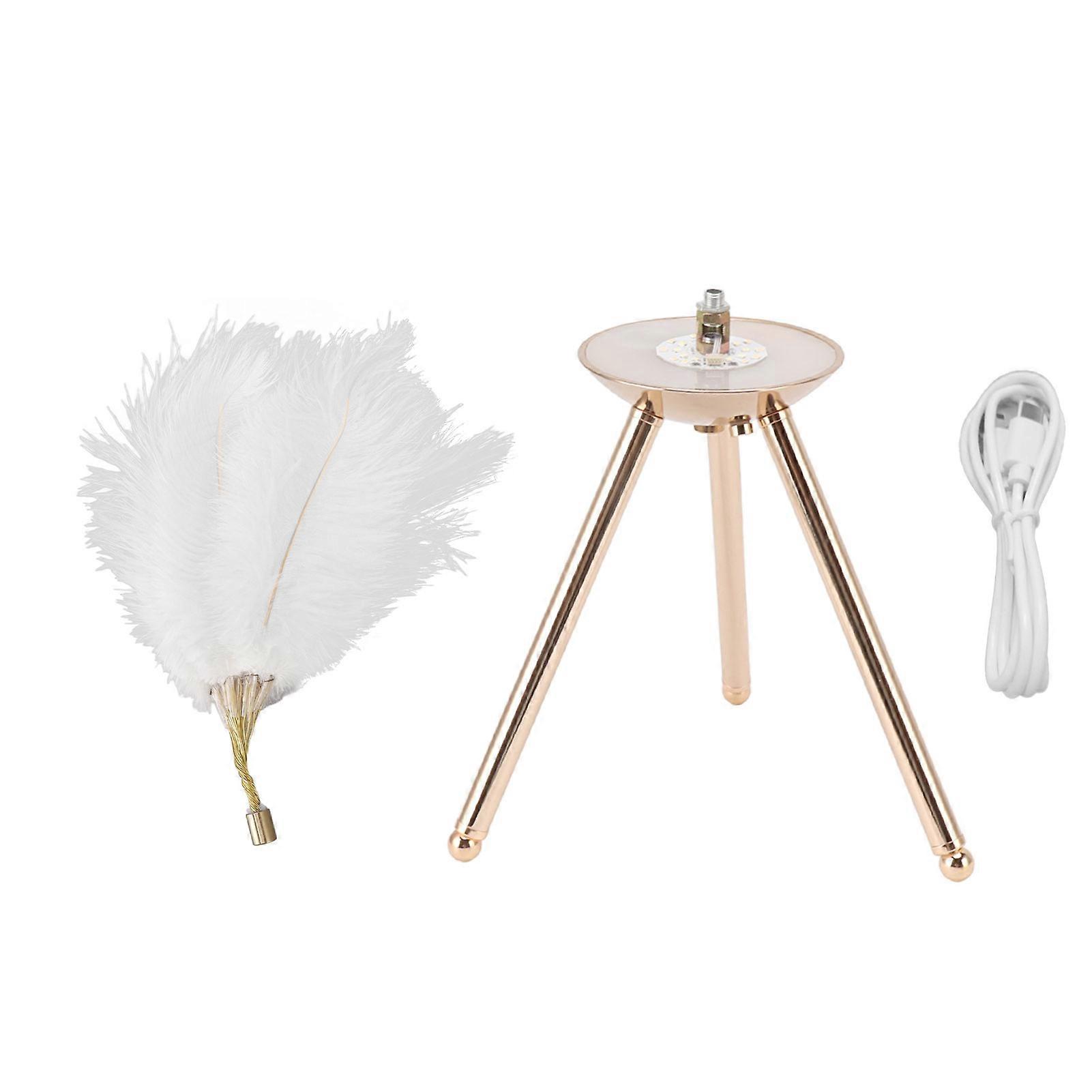 Table Lamp USB Rechargeable Ostrich Desk Light with Gold Tripod for Bedroom 40Pcs Artificial Feather