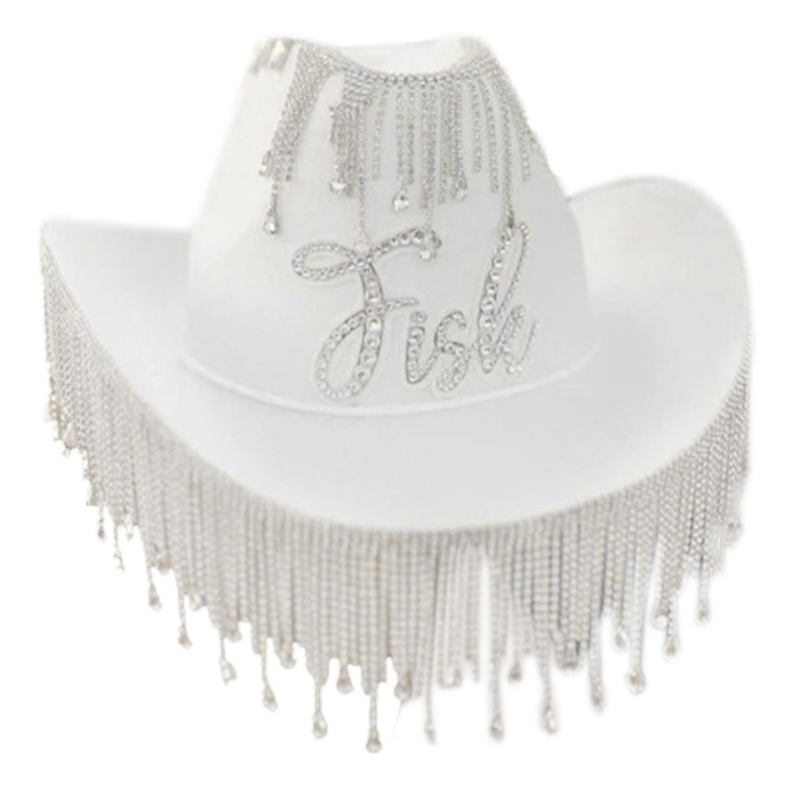 カウガールハットラインストーンタッセルシャイニーレイブディスコハットハロウィンドレスアップコスプレパーティーコスチュームアクセサリーホワイト