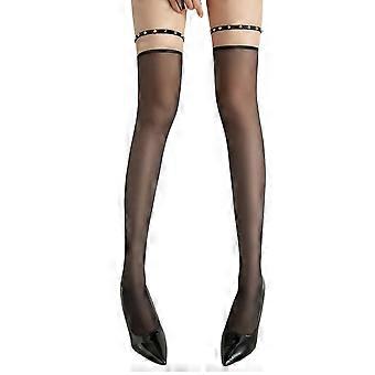Womens See-Through Thigh High Stockings and Rivets Studded Garters Belt Sexy Sheer Silk Over Knee Long Socks Clubwear  Burgundy