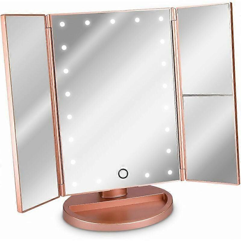 Rose Gold Vanity Lighted Mirror, Tri-Fold Design, LED Lights, Makeup Mirror