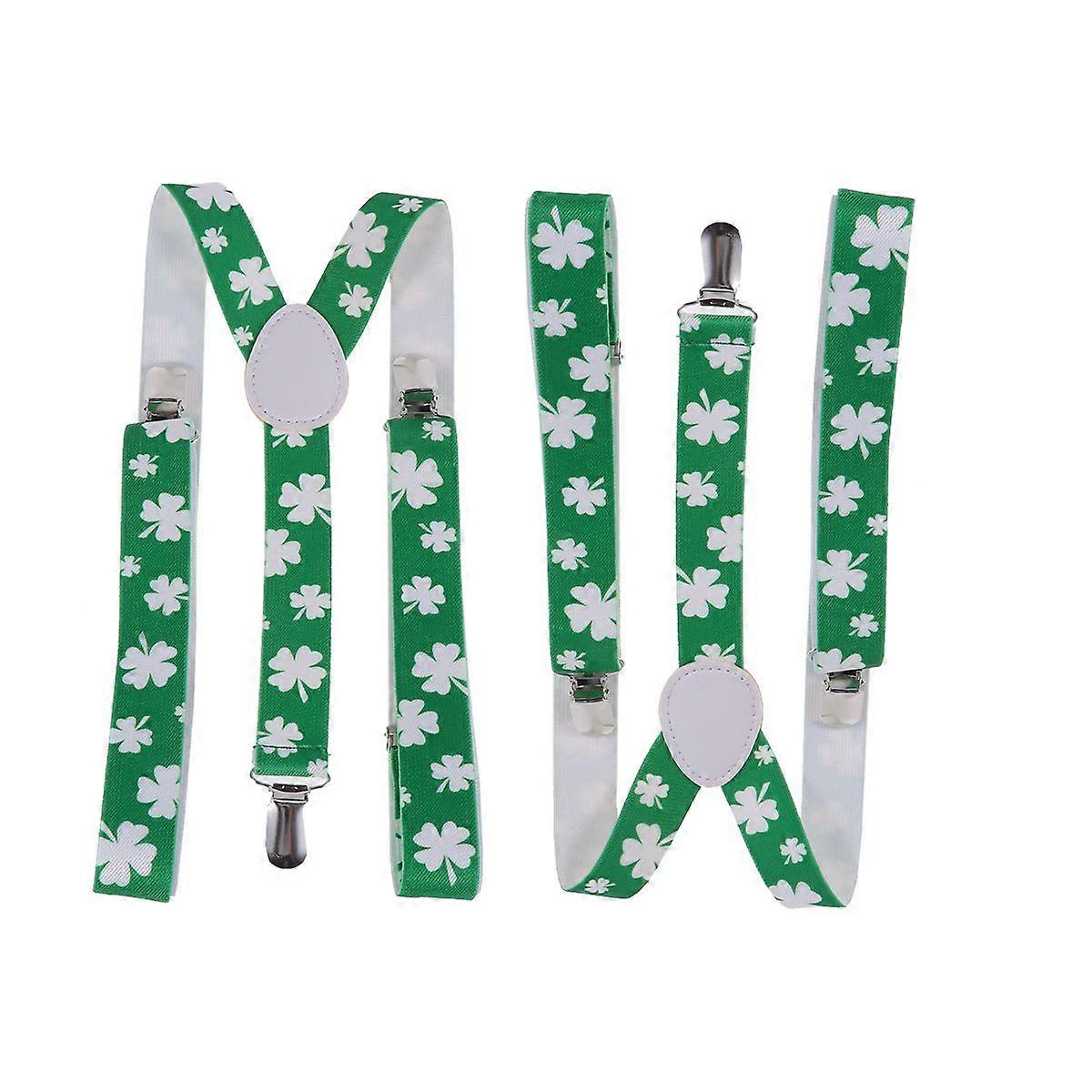 2pcs 2.5cm Width Four Leaf Clover Suspenders Practical 3 Clips Elastic Braces for Men Women (Green Four Leaf Clover)