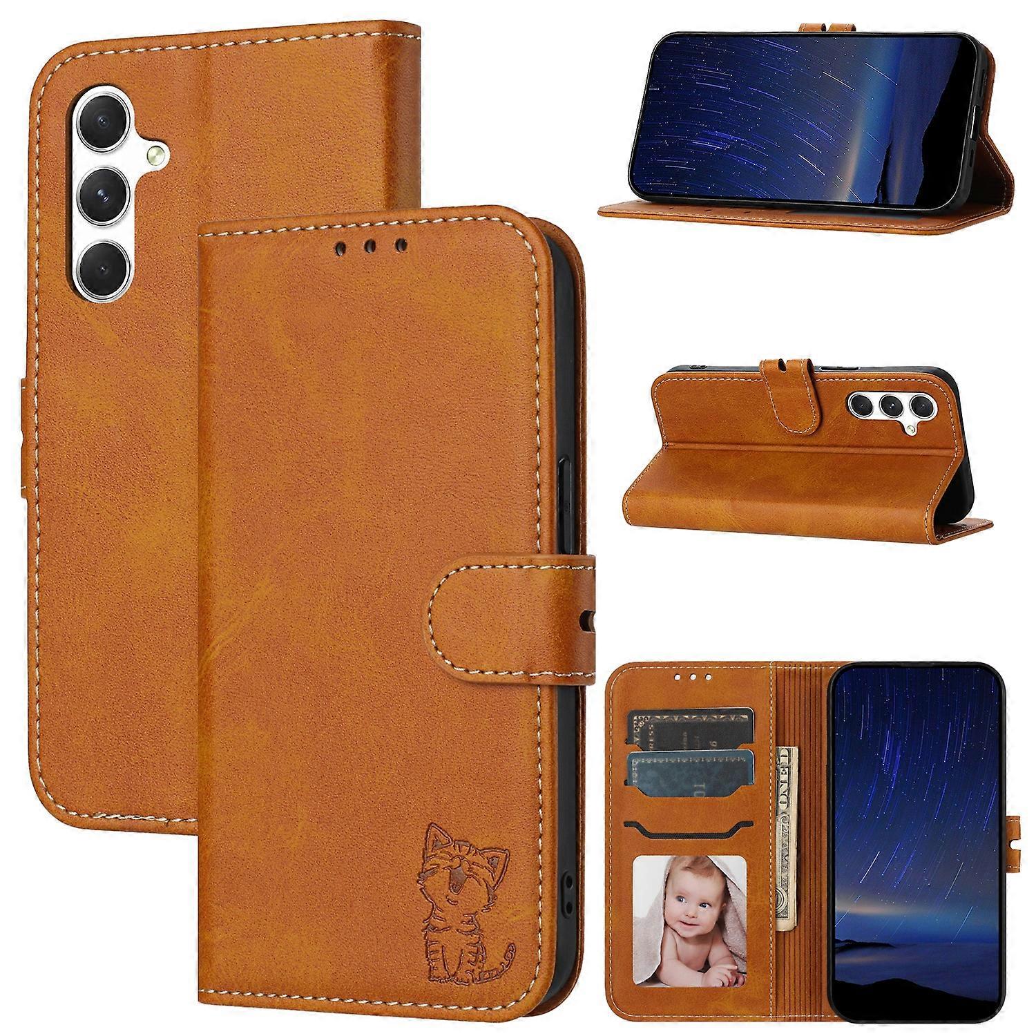 Embossed Happy Cat Pattern Flip Leather Phone Case