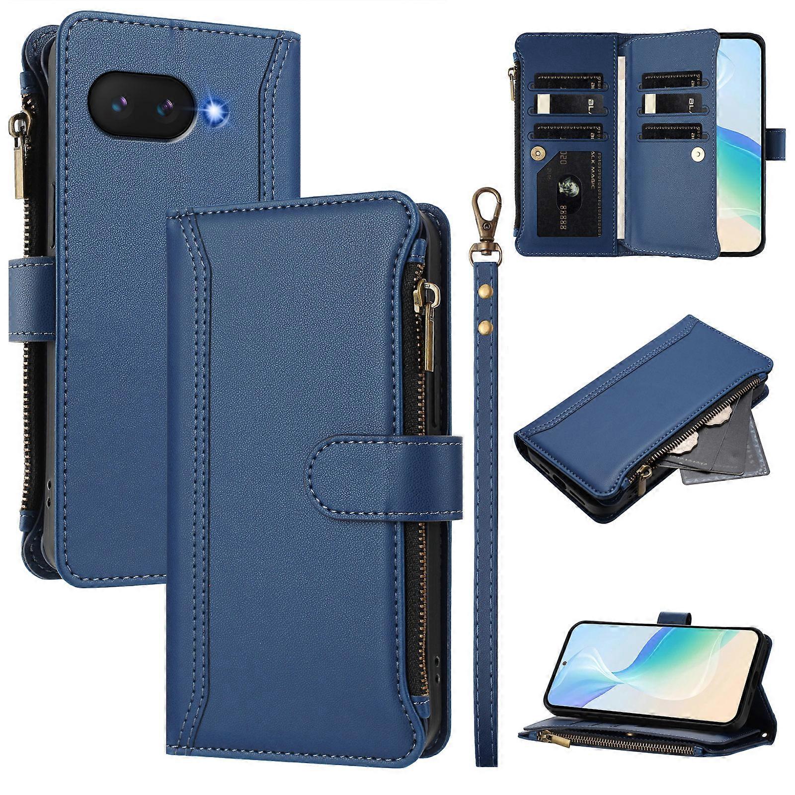 Compatible For Google Pixel 9a Leather Case 9 Card Slots Zipper Wallet Stand Phone Cover with Wrist Strap