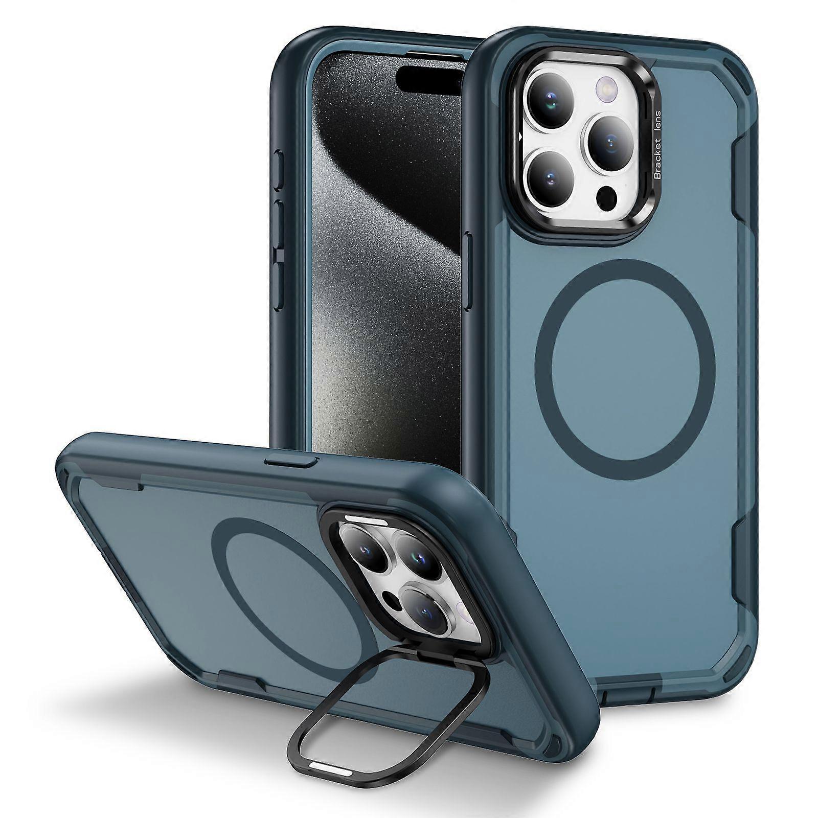 For iPhone 15 Pro Max Case Compatible with MagSafe Lens Frame Kickstand TPU + PC Shockproof Phone Cover