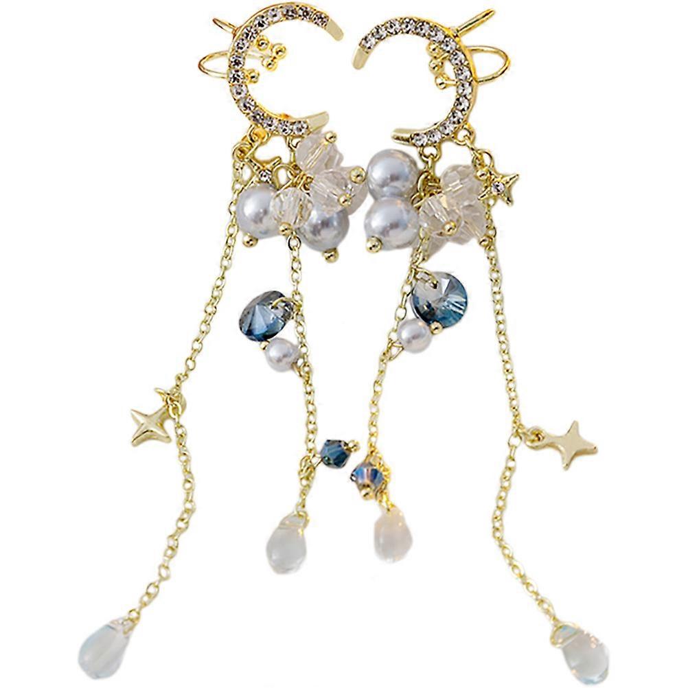 Moon Star Dangle Clip Earrings for Women – Non Pierced Design with Tassel Chain, Stylish and Unique for Parties, Dates, and Everyday Wear