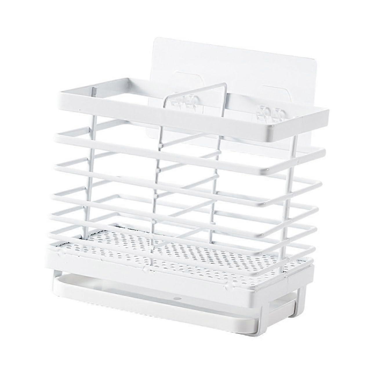 Mounted Stand Storage Rack with Hanging Wall Container for Kitchen, White Iron Pantry Shelf and Chopstick Holder