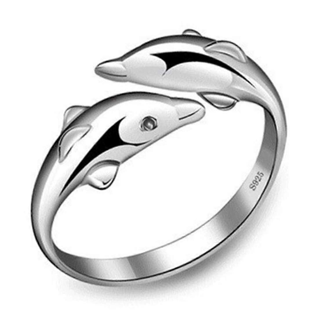 Wiftly Women's 925 Silver Double Dolphin Love Adjustable Ring, CZ
