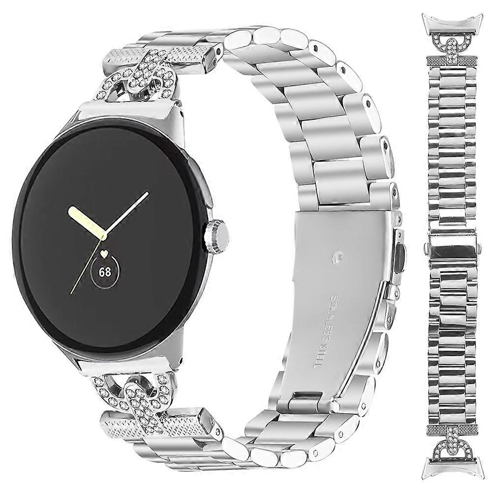 Watch Strap Compatible For Google Pixel Watch 2 / Watch Silver Metal Band D-Shape Rhinestones Decor 3-Bead