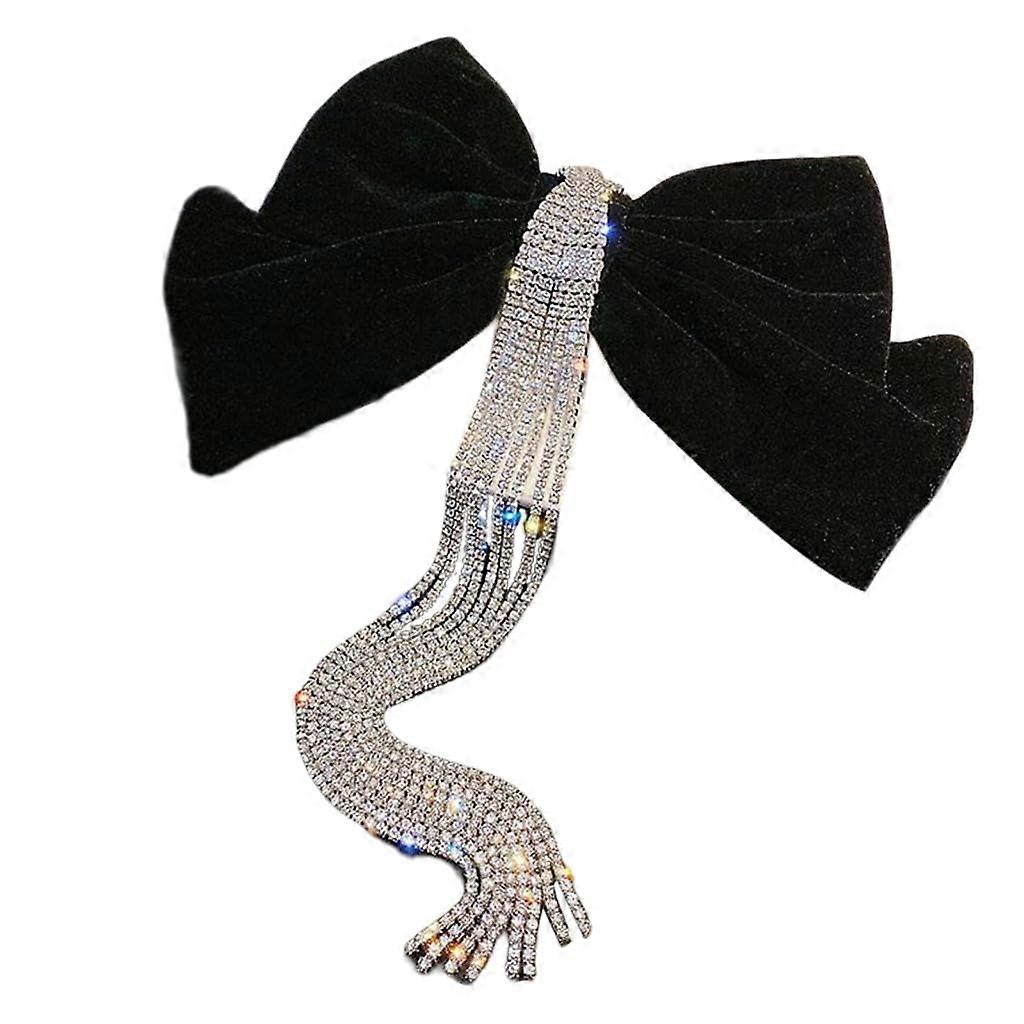 Vintagestyle hair clip, large bow, with rhinestones, handmade, bridal hair accessory, butterfly hair clip, prom party accessory tassel, black, BK