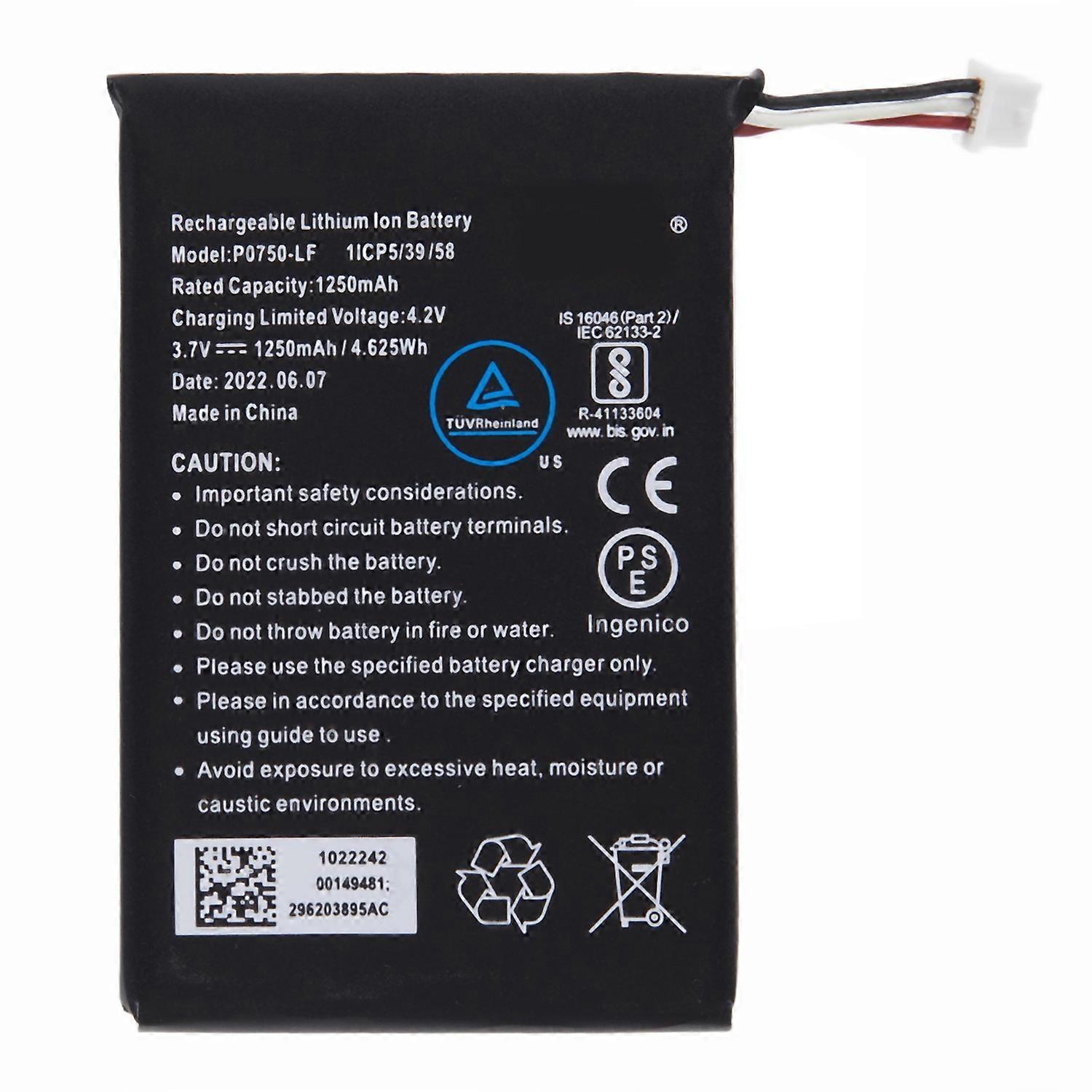 For Ingenico Link 2500 3.70V 1250mAh Rechargeable Li-Polymer Battery Assembly Part (Encode: P0750-LF