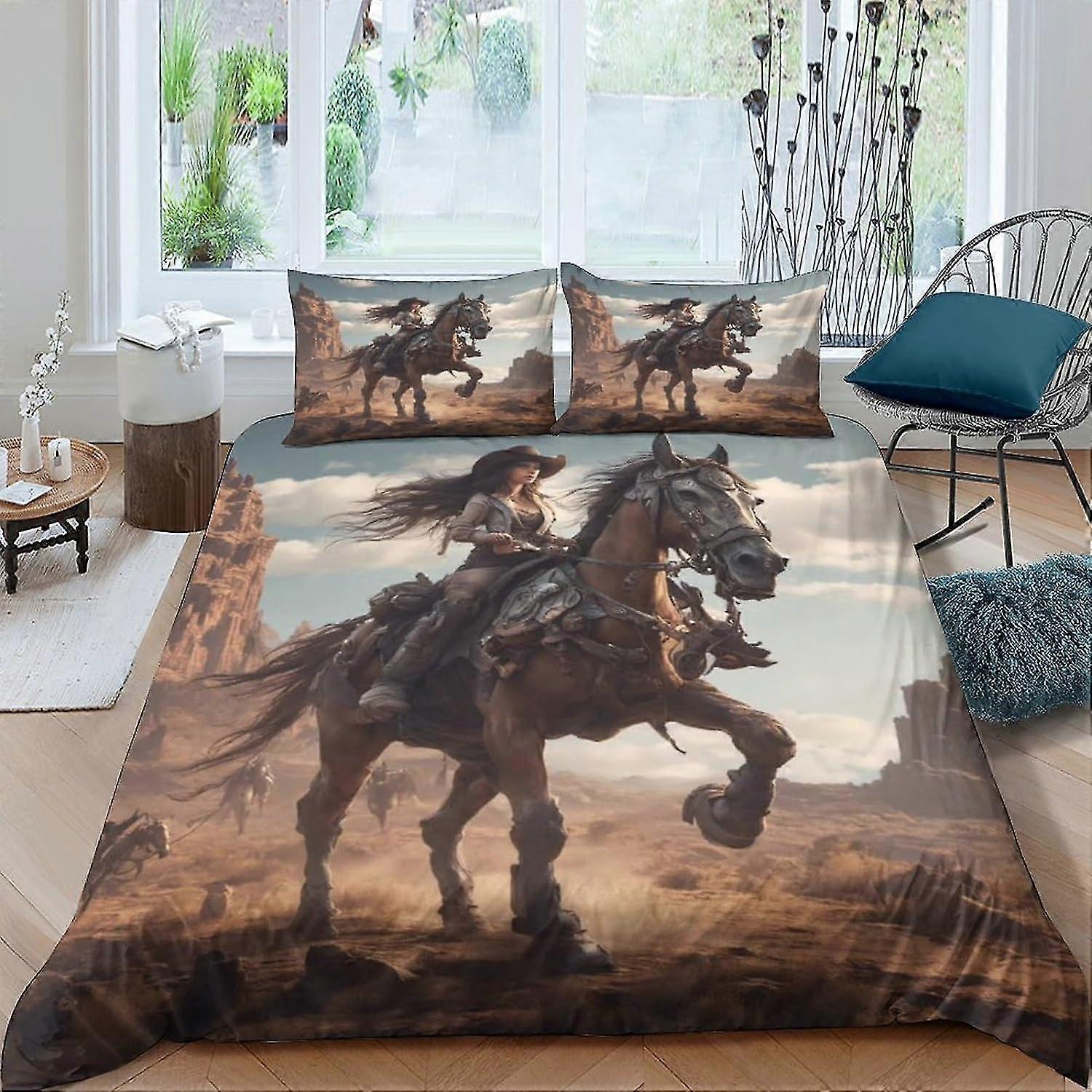 Conjunto de Edredom Cowgirl Roupa de Cama, Conjunto de 3 Peças Capa de Edredom Fácil de Cuidar, Capas de Almofada com Fecho de Zíper Microfibra Macia Dupla
