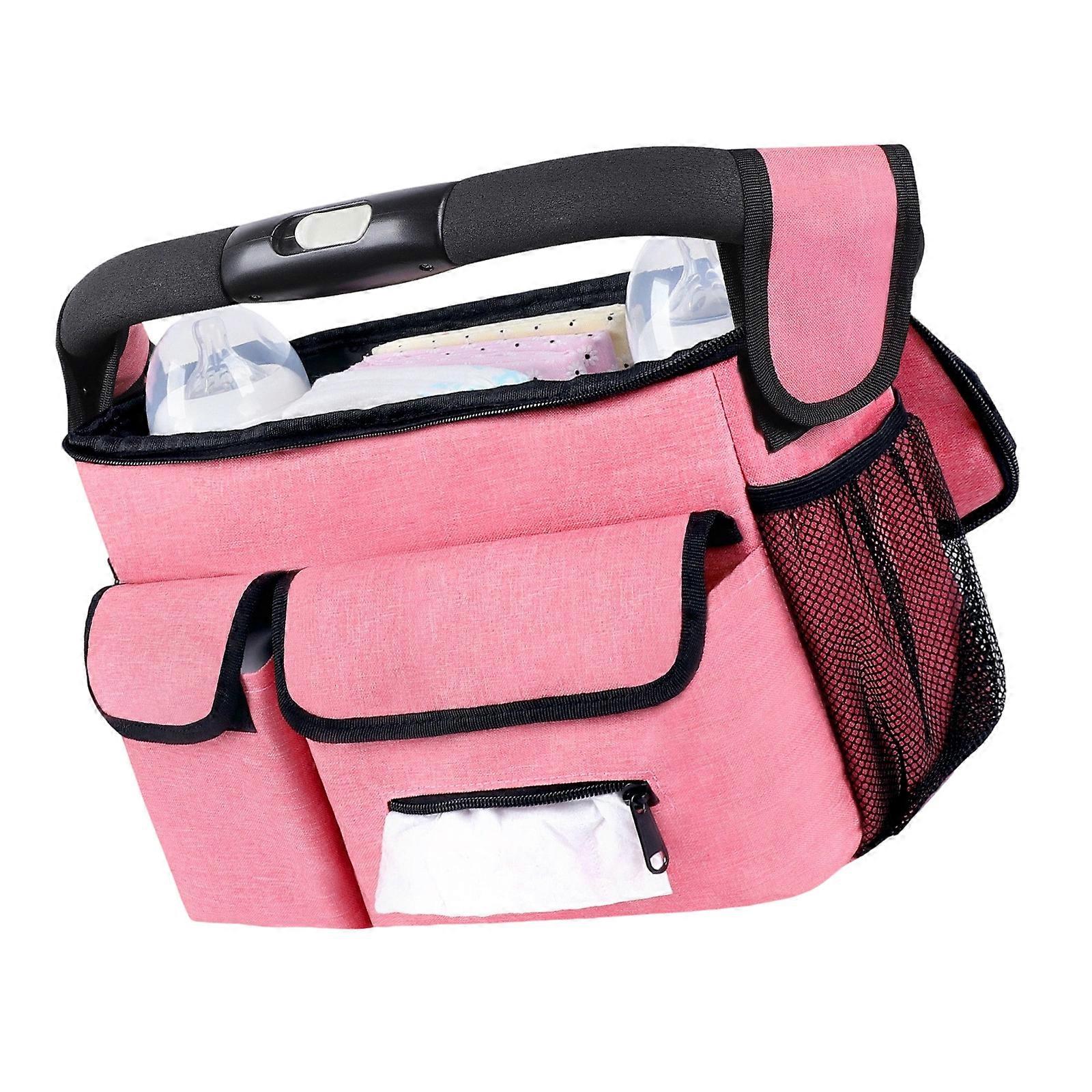 Oxford Fabric Travel Strollers Organizer Bag with Multiple Pockets Adjustable Straps for Diapers Bottles Baby Essential Pink