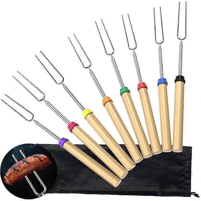 Adoric 8 Stainless Steel Barbecue Skewers, 81.3Cm Telescopic Barbecue Fork Extendable Wooden Handle Bacirc;T