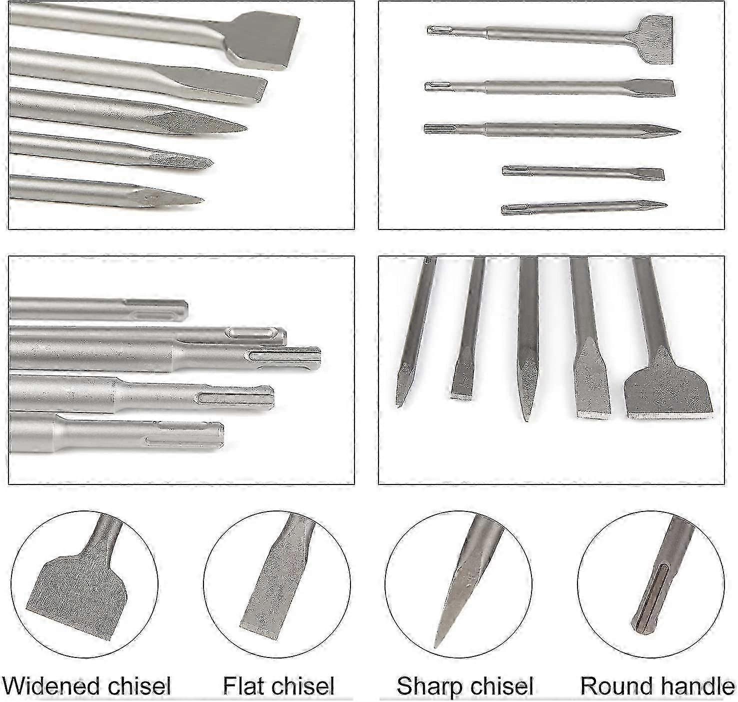 AURA Sds Chisel Set Of 5 Chisels With 2 Pointed Chisel And 3 Flat Chisels, Concrete Drilling Tool
