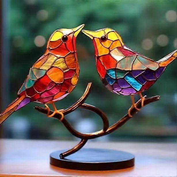 Stained Glass Birds on Branches for Desk, Double Sided Hummingbird, Two Birds