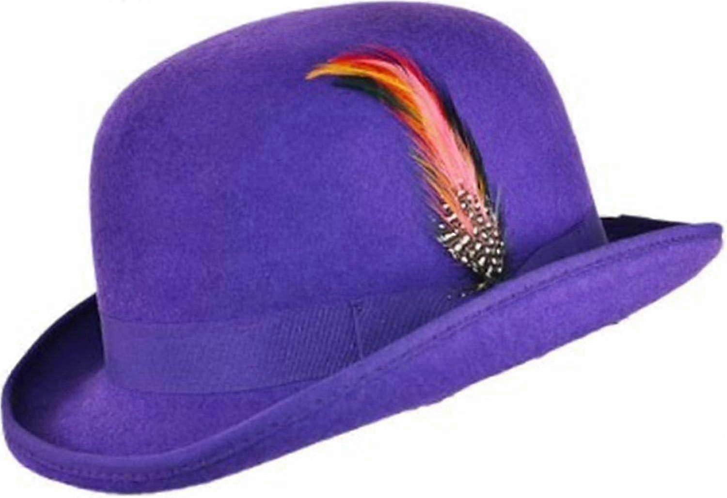 Unisex Hard Top Wool Bowler Hat With Feather Satin Lined Sizes S To Xl