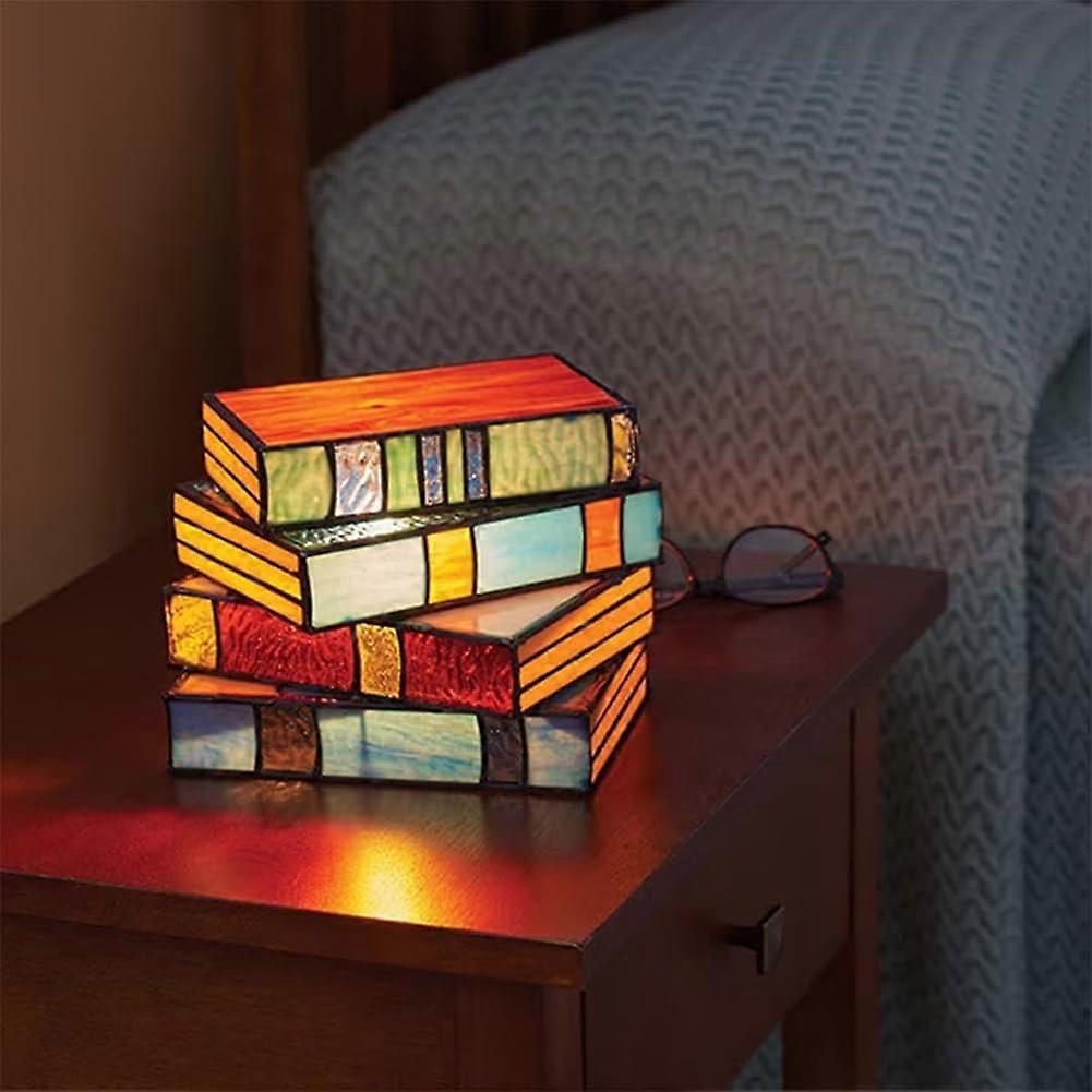 Stained Glass Stacked Books Lamp, Colourful Resin Table Lamp, LED Book Lamps