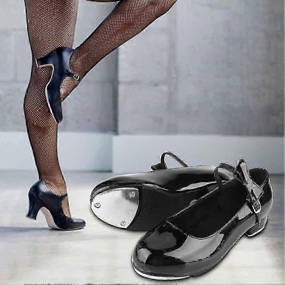 Bright Black PU Leather Tap Dance Shoes for Girls - Stylish Step Dance Footwear Size 35