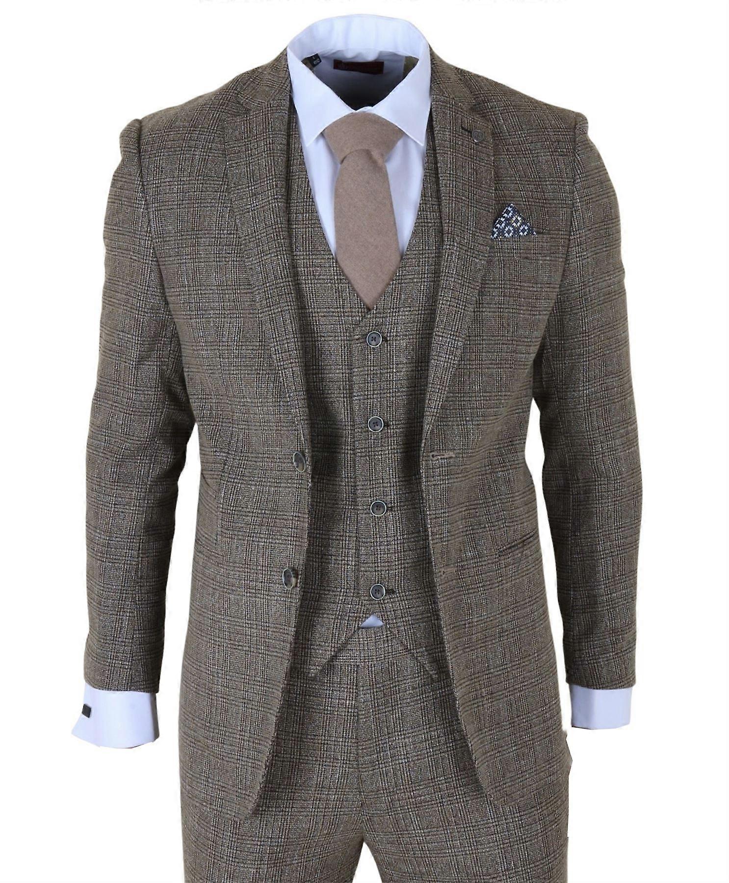 Men's 3-Piece Brown Classic Check Suit Slim Fit Plaid Formal Party Suit