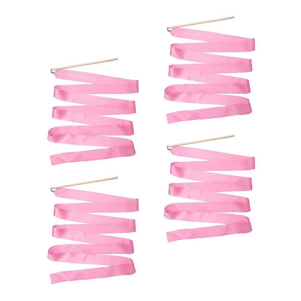 Dancing Streamers Gymnastics Ribbon Dance Performance Props Wooden Handle Pink 4Pcs