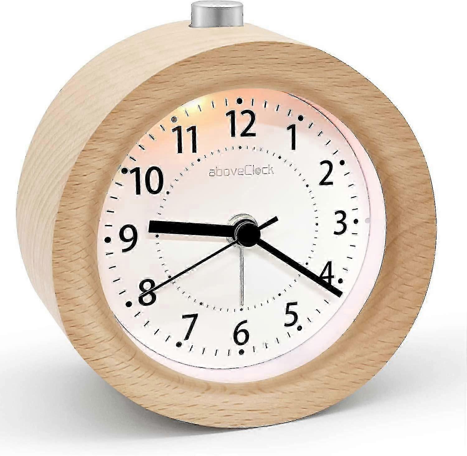Alarm Clock Analogue Without Ticking & Wood with Snooze Feature: Retro Table Clock with Night Light & Non-Radiating Battery