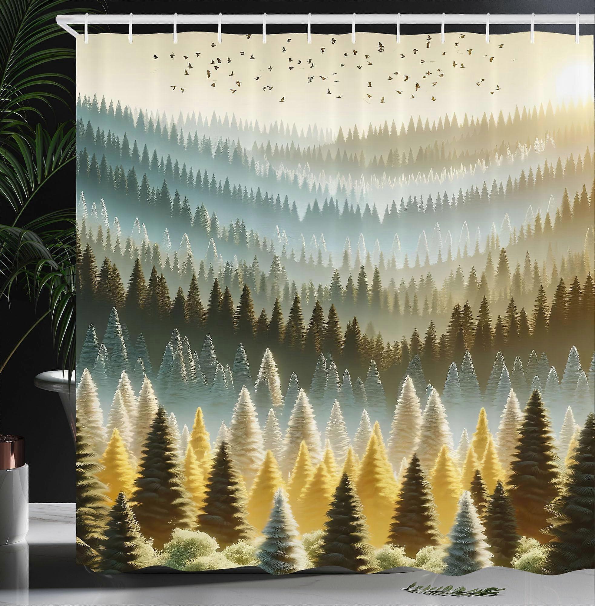 Yellow Shower Curtain 69 By 70 Cloth With Hooks Fantasy Sunrise Forest Scene With Mountains And Birds Blue And Mustard