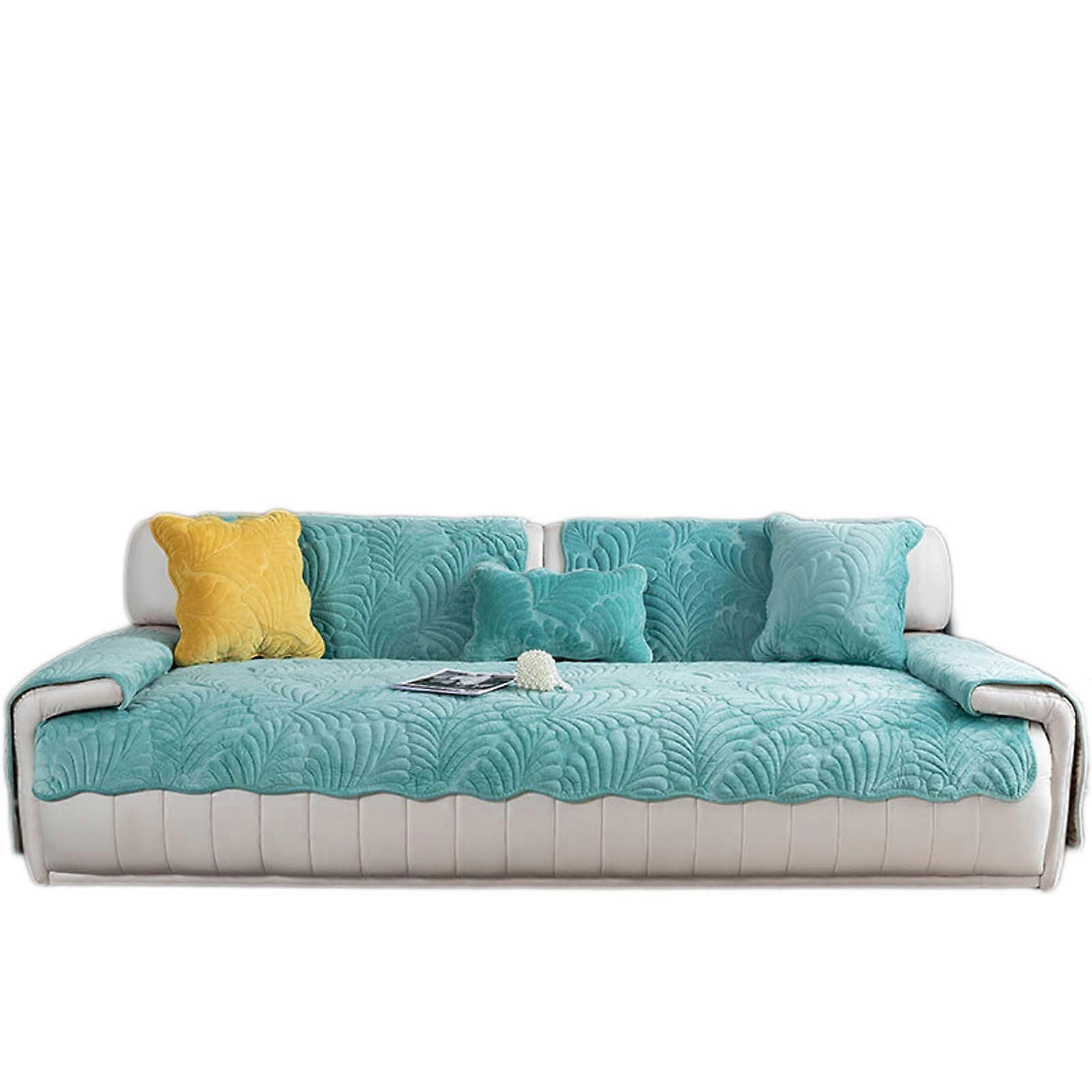 Winter Plush Sofa Cushion Thick Flannel Material, Solid Color Green, NonSlip Sofa Cover, 110 x 210 cm