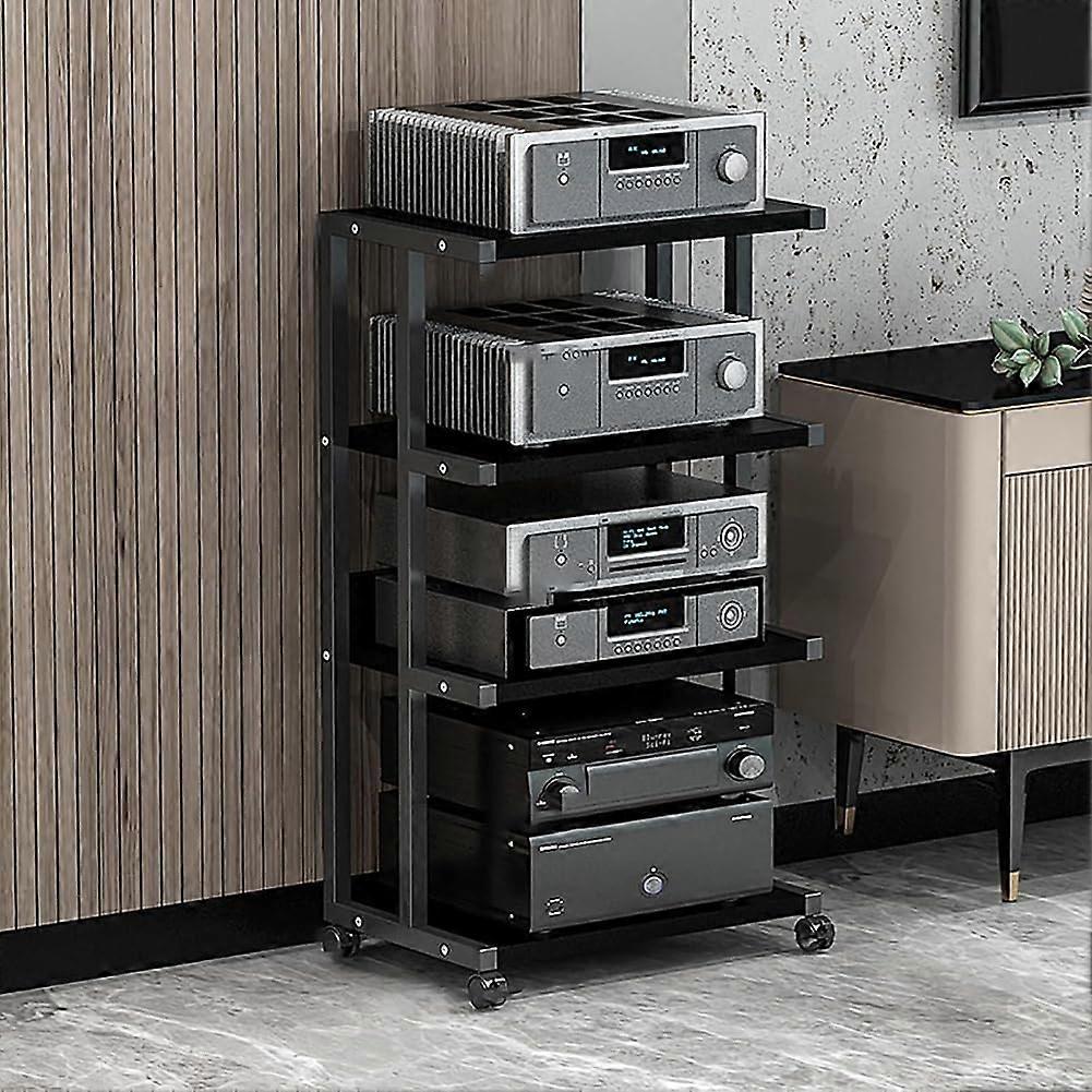 Rolling AV Media Stand With 4 Wheels, Black, 50 x 40 x 94 cm, Storage Shelves, Cabinet For Record Player, Game Console